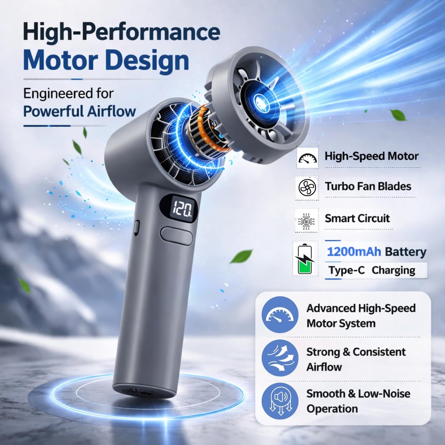 UGSTORE Handheld Rechargeable Fan, Portable Mini Electric Fan with 1200mAh Battery, 120 Speed Levels with Long-Press Speed Control, Personal Cooling Fan for Travel, Office & Home, Grey