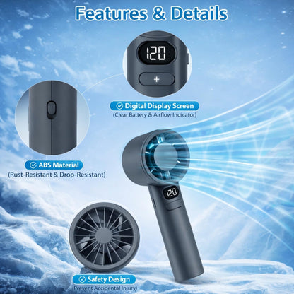 UGSTORE Handheld Rechargeable Fan, Portable Mini Electric Fan with 1200mAh Battery, 120 Speed Levels with Long-Press Speed Control, Personal Cooling Fan for Travel, Office & Home, Grey