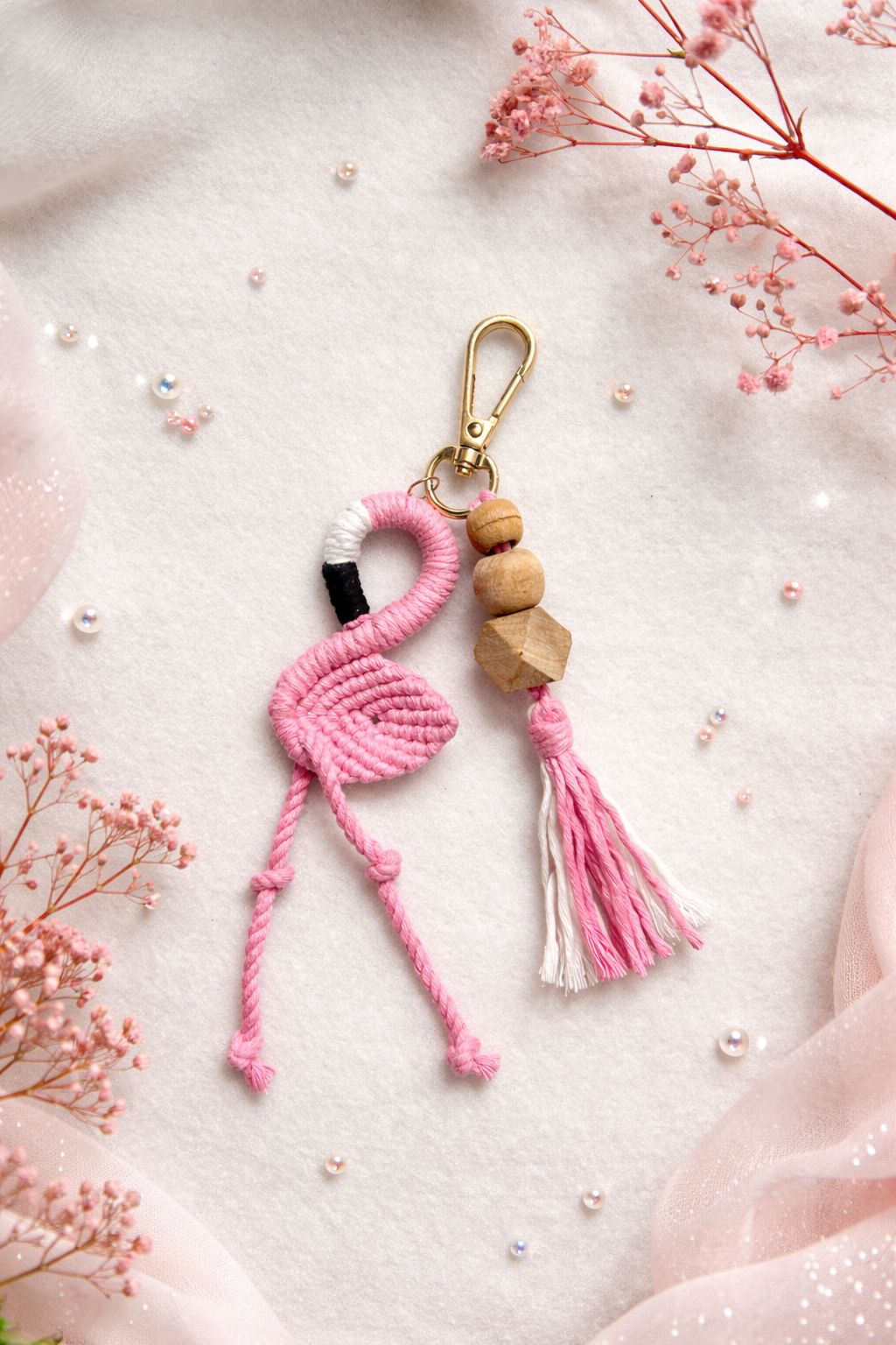 ✨ Handcrafted Flamingo Macramé Keychain ✨