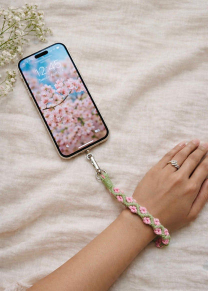 Handcrafted Floral Macrame Wrist Strap – Stylish & Secure 🌸 (pink blossom)