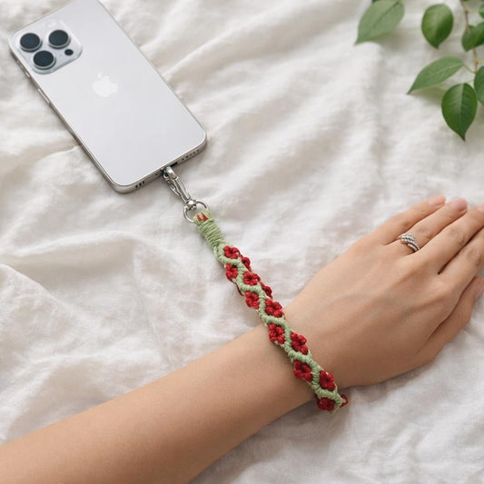 Handcrafted Floral Macrame Wrist Strap – Stylish & Secure (Red bloom)
