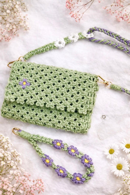 Handcrafted Macramé Green Clutch Bag with Floral Shoulder Strap and wristlet mobile hanger