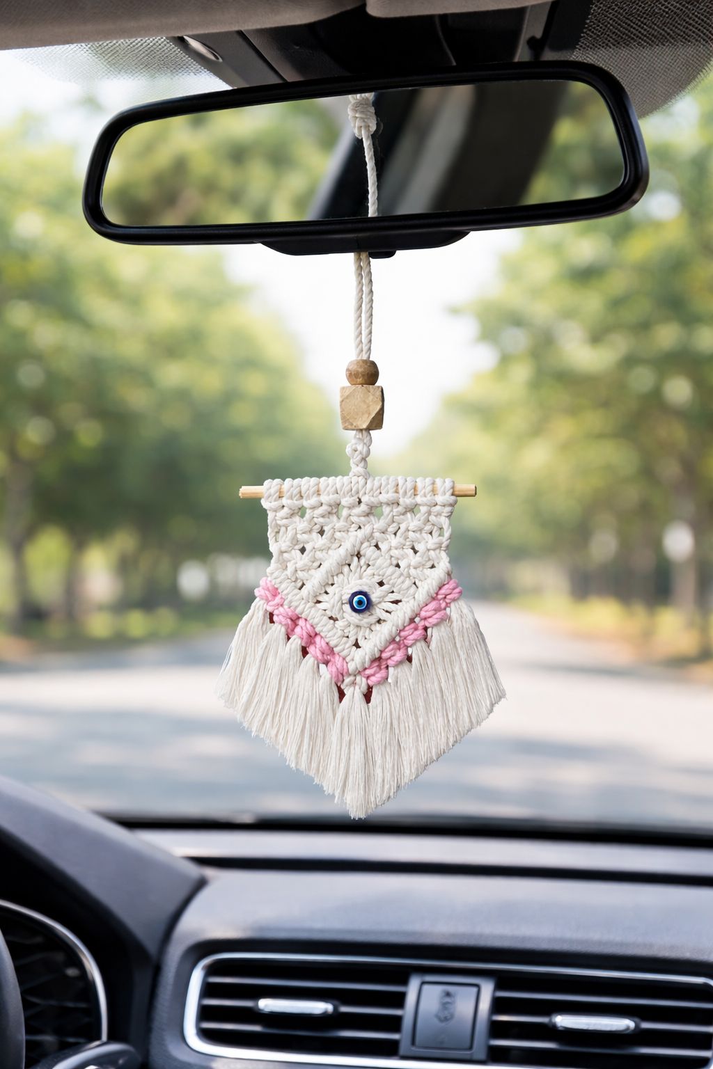 Handcrafted Macramé Car Rear Mirror Hanging/ balcony charm/ home décor (white & pink)