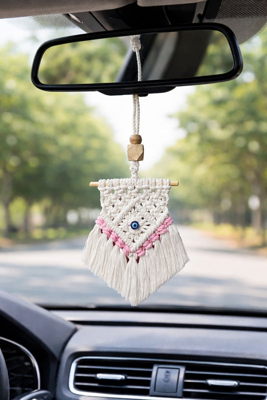 Handcrafted Macramé Car Rear Mirror Hanging/ balcony charm/ home décor (white & pink)