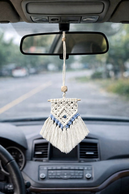 Handcrafted Macramé Car Rear Mirror Hanging/ balcony charm/ home décor (white & sky blue)