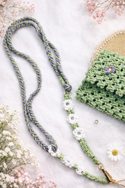 Handcrafted Macramé Green Clutch Bag with Floral Shoulder Strap and wristlet mobile hanger