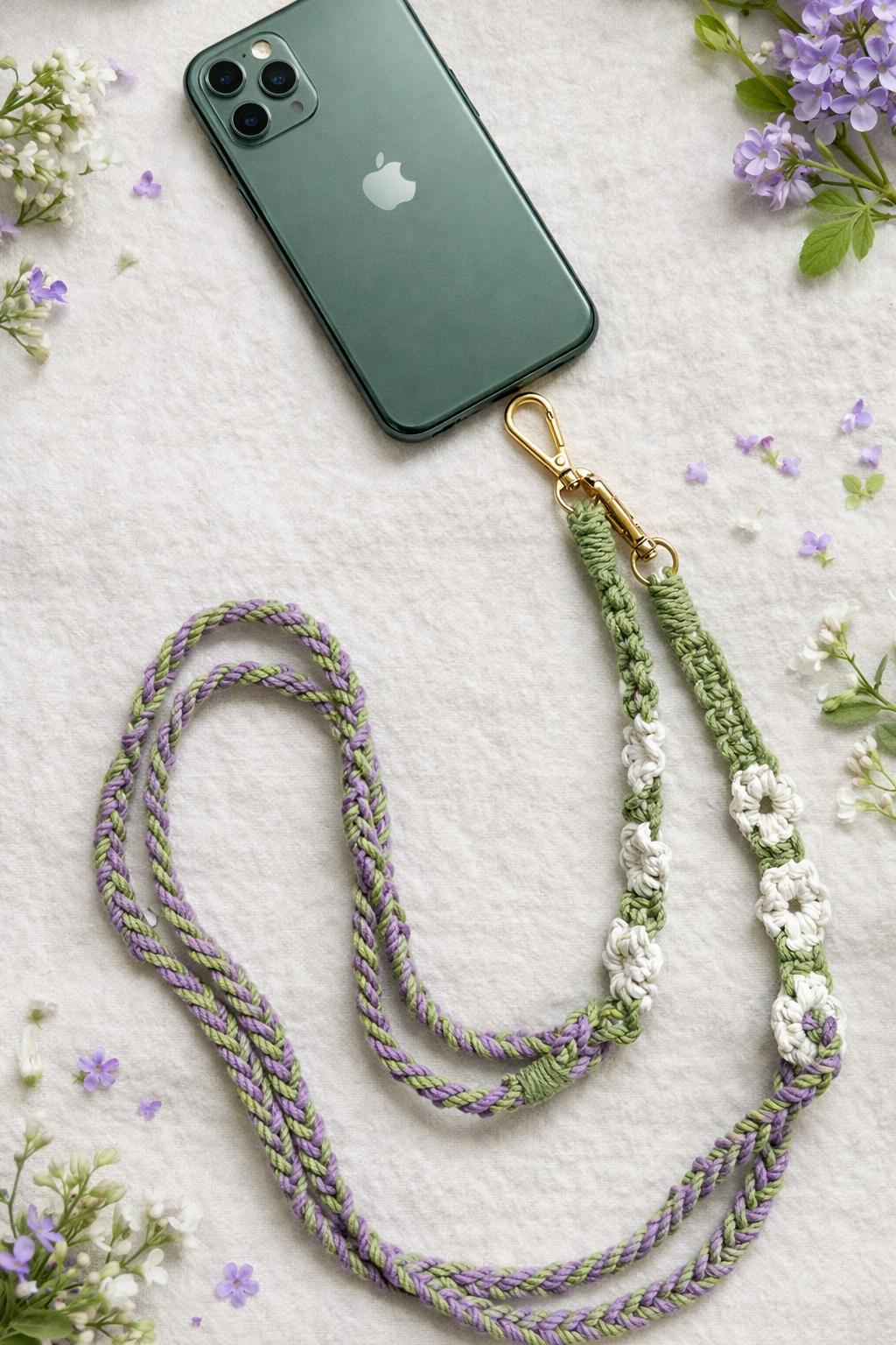 Handcrafted Macramé Green Clutch Bag with Floral Shoulder Strap and wristlet mobile hanger