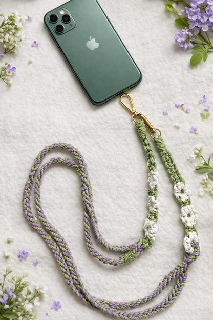 Handcrafted Macramé Green Clutch Bag with Floral Shoulder Strap and wristlet mobile hanger