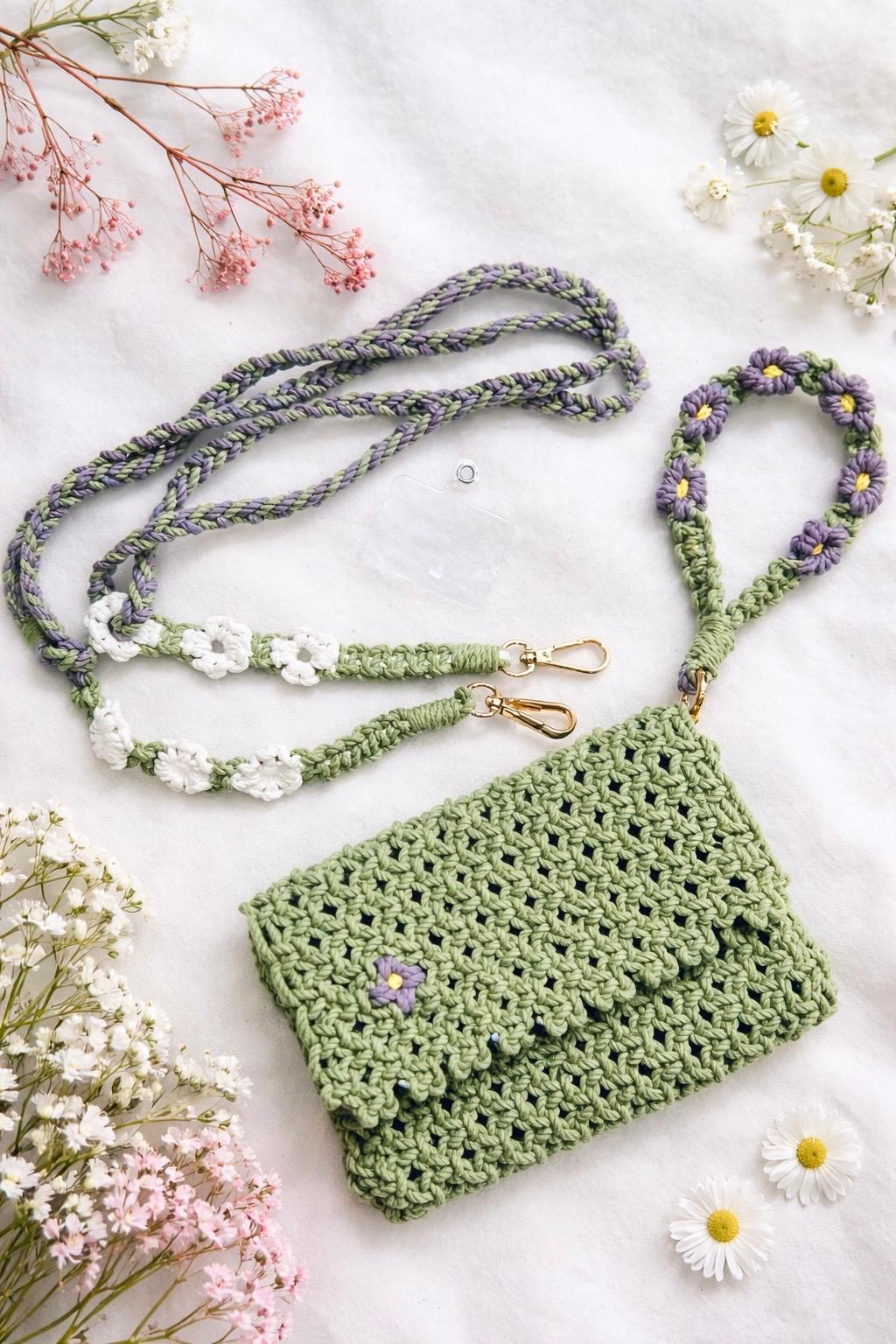 Handcrafted Macramé Green Clutch Bag with Floral Shoulder Strap and wristlet mobile hanger