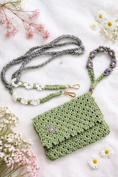 Handcrafted Macramé Green Clutch Bag with Floral Shoulder Strap and wristlet mobile hanger