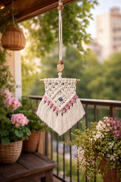 Handcrafted Macramé Car Rear Mirror Hanging/ balcony charm/ home décor (white & pink)