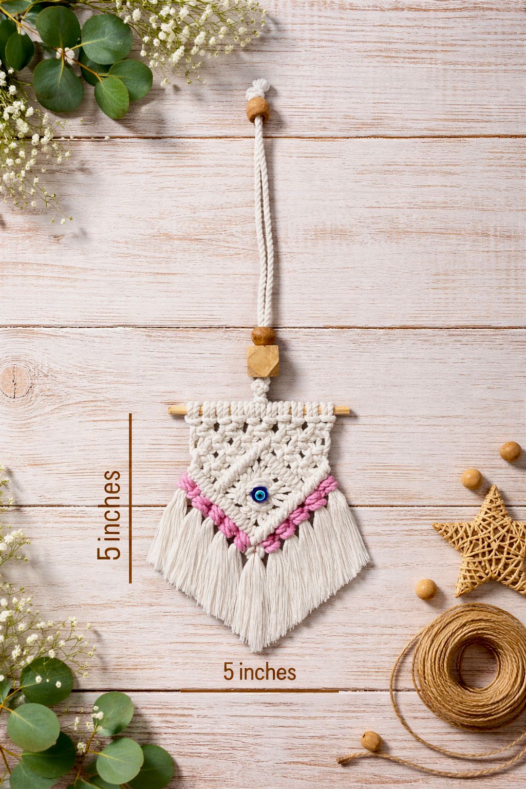 Handcrafted Macramé Car Rear Mirror Hanging/ balcony charm/ home décor (white & pink)