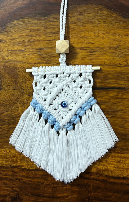 Handcrafted Macramé Car Rear Mirror Hanging/ balcony charm/ home décor (white & sky blue)