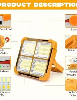 Solar LED Work Light 100W Rechargeable Flood Light with 12000 mAh Battery, USB Power Bank, 4 Lighting Modes, IP66 Waterproof for Camping & Repair
