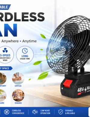 Dhwani Portable Rechargeable Table Fan, Yellow and White, 8 Inch, USB Rechargeable Battery, 3 Blades, Push Button Control, Modern Style