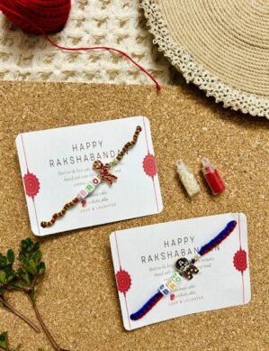 Adorable Macramé Kids Rakhi set of 2 (superhero charm with colourful alphabet beads) (Akshat roli included)